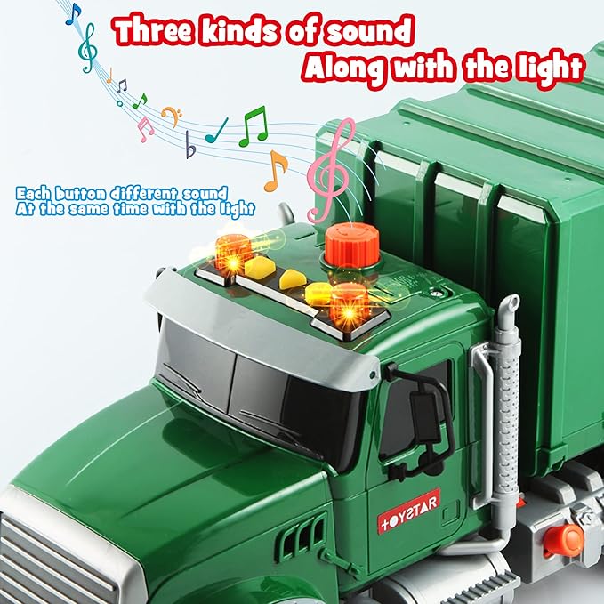 Dwi Dowellin Toddler Toys for 3 + Years Old Boys, 15" Large Garbage Truck Toy,Friction Powered Waste Management Garbage Truck with Lights and Sounds,3 Rear Loader Trash Cans,Kids Gift