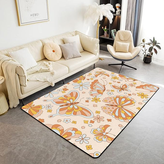 Erosebridal Retro 70S 60S Floral Hippie Area Rugs 3x5 for Kids Girls Cute Groovy Butterfly Flower Power Decorative Rug Boho Natural Flowers Rainbow Garden Botanical Washable Carpet