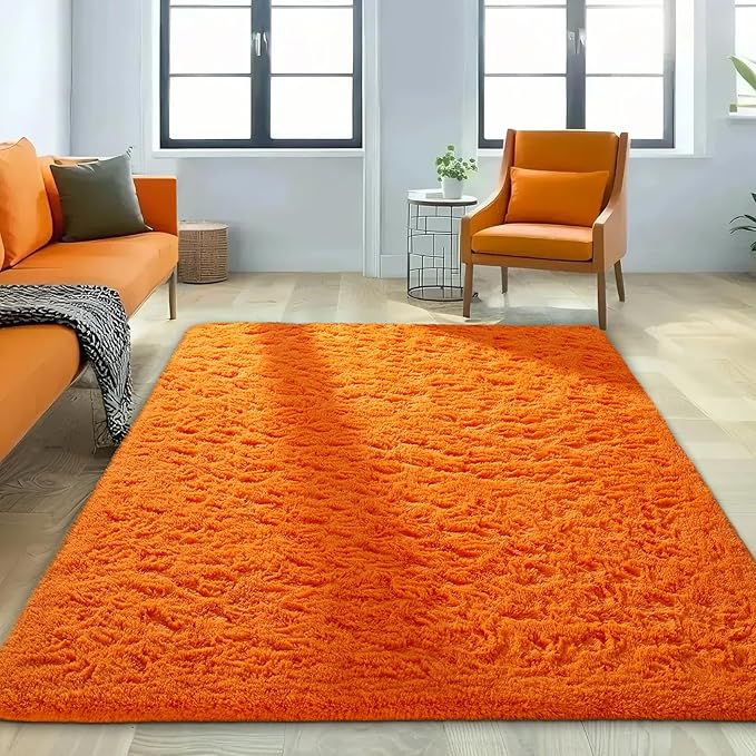 Ophanie Orange Rugs for Living Room Bedroom, 5x8 Fluffy Fuzzy Furry Carpet, Plush Soft Shaggy Bedside Indoor Floor Area Rug for Kids Girls Boys Baby Teen Dorm Nursery Home Decor Aesthetic