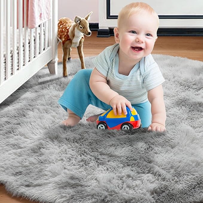 ONASAR Tie-Dyed Light Grey Round Area Rug 4ft, Ultra Soft Bedroom Circle Rugs for Kids Girls Teen Room, Fluffy Plush Shaggy Carpet Floor Mats for Baby Nursery Living Room Playroom Home Decor