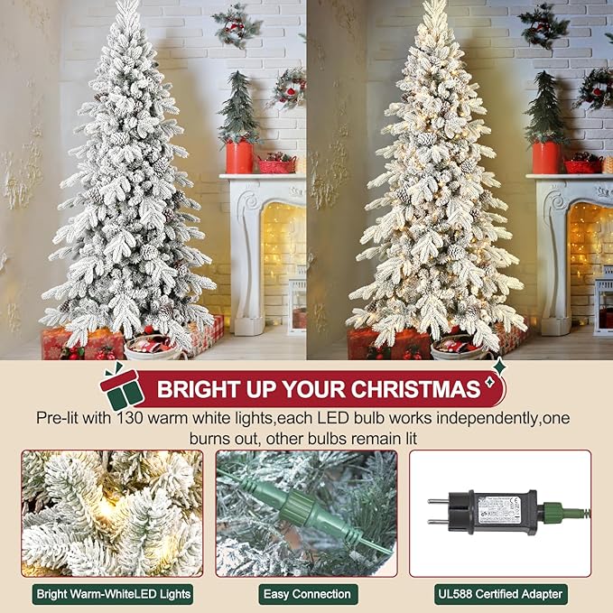 4 FT Pre-Lit Snow Flocked Slim Fir Christmas Tree with 455 PE & PVC Mixed Branch Tips,Artificial Skinny Pencil Xmas Tree with 200 Warm-White Lights & 19 Pine Cones,Hinged Pine Tree with Metal Stand