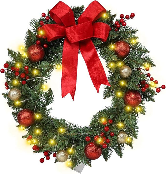 20" Large Christmas Wreath with LED Lights Winter Wreaths for Front Door or Wall Powered by 3AA Batteries for Indoor Outdoor Party Christmas Decorations