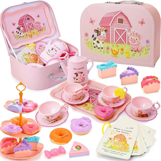 Toddler Farm Theme Tea Set for Girls 3-5, 47PCS Plastic Barn Animal Pretend Play Tea Party Set with Teapot, Cups, Tray, Desserts & Story Cards, Carrying Case Pink Gift Toy for Kids