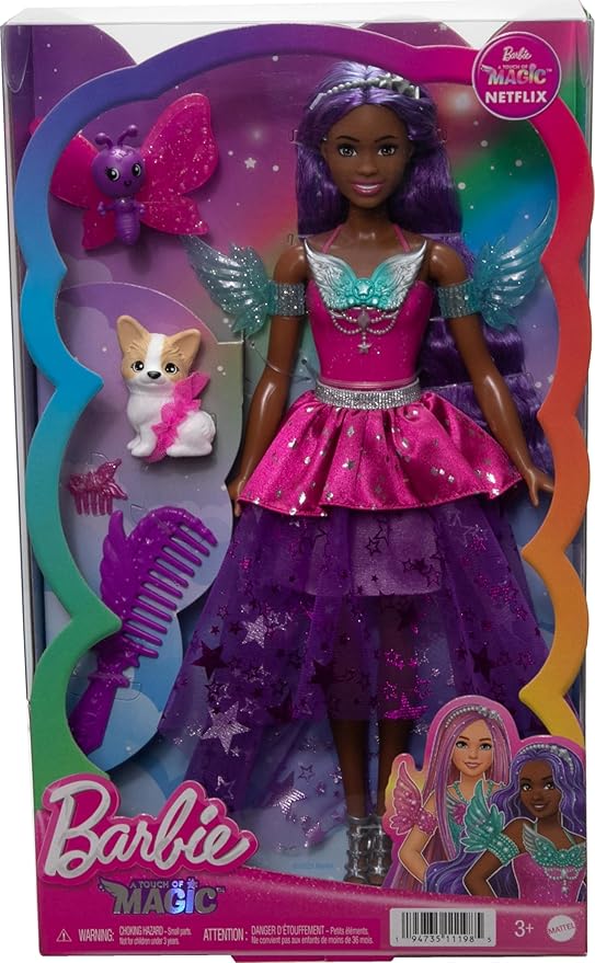 Barbie A Touch of Magic Fashion Doll, Brooklyn with Wing-Detailed Dress, 7-inch Long Colorful Hair, 2 Fantasy Pets & Accessories