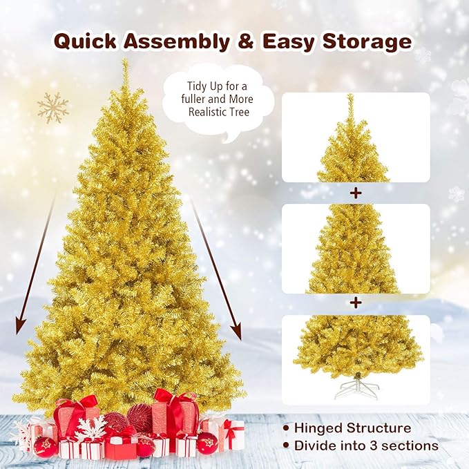 GOFLAME 7.5 FT Christmas Tree, 1036 Branch Tips, Artificial Tinsel Christmas Tree with Metal Stand, Artificial Hinged Christmas Tree for Indoor and Outdoor Holiday Decoration, Champagne Gold