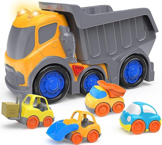 P&C 12.2" Toddler Construction Dump Truck Toys for Ages 2-4, Beach Sand Outdoor Toy Cars Dump Truck Set with Sounds and Lights for Kids 18M+, 2, 3, 4, 5, Ideal Birthday for Boys Girls