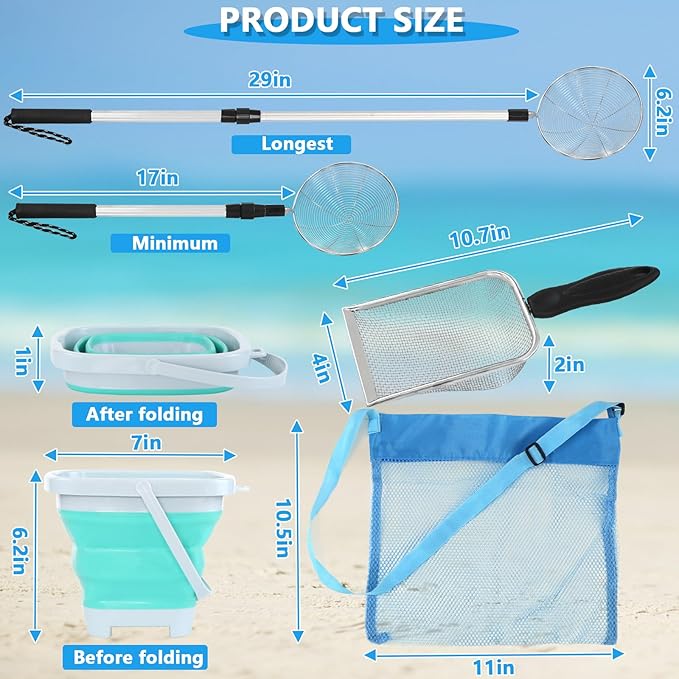 Shark Tooth Sifter, Beach Sand Sifter, Sea Shell Scooper for Beach, Shell Bags&Foldable Bucket, Sand Beach Toys for Kids 6 8 10 12, Medium, Blue