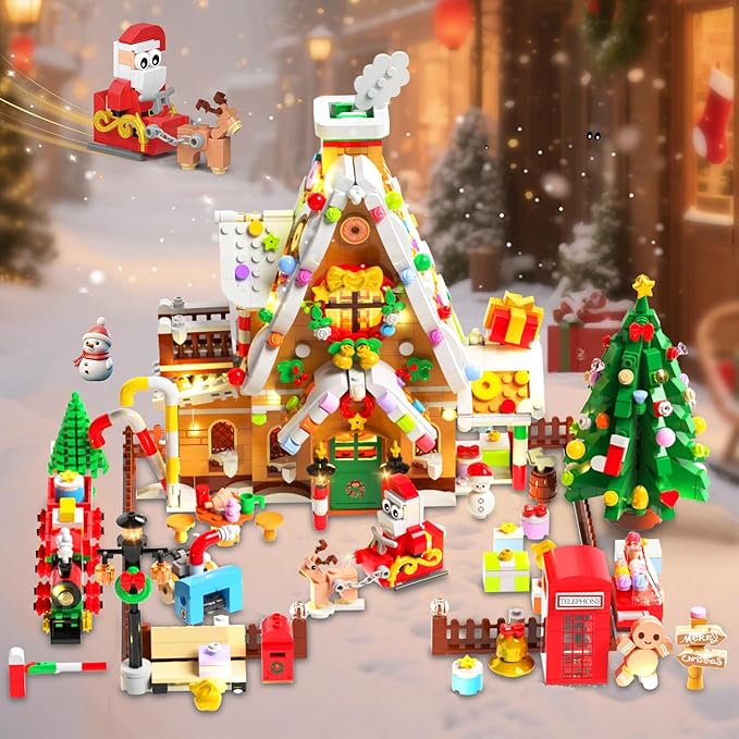 2025 Christmas Gingerbread House Courtyard Mini Building Set with Lights, Christmas Village Building Block Toy with Santa Xmas Tree Holiday Train Gift for Adults Boys Girls 14+ (1763PCS)