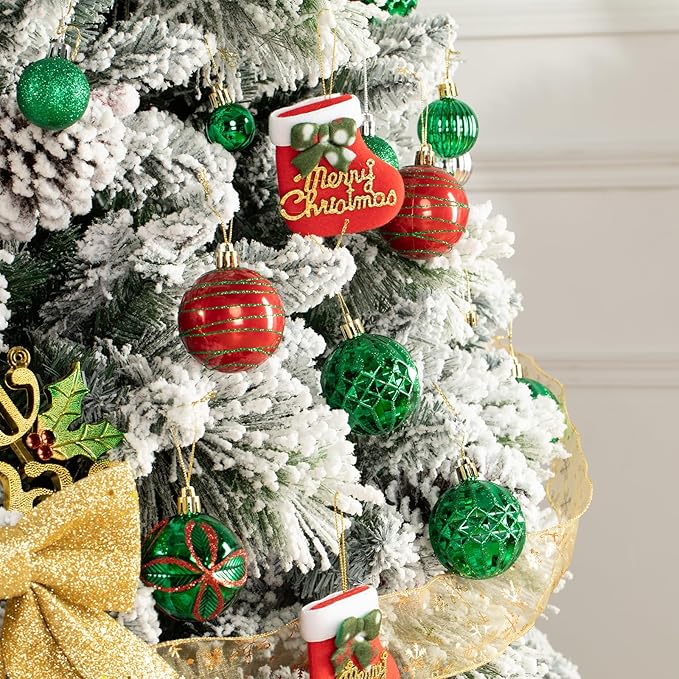 100Pcs Christmas Ball Ornaments Set, Shatterproof Plastic Red and Green Christmas Ornaments for Xmas Tree, Assorted Baubles Hanging Decorations for Holiday/Party/Wedding