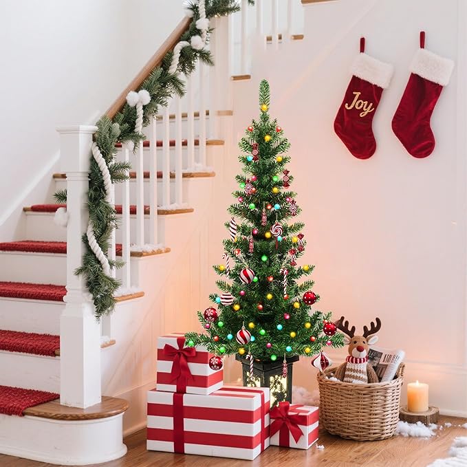 2Pcs 4FT Pre-lit Artificial Potted Christmas Tree with 100 LED Colorful Lights，Artificial Xmas Trees with Retro Snowflack Light Box Base, 190 Branch Tips, Small Xma Tree Decora for Porch,Table, Home