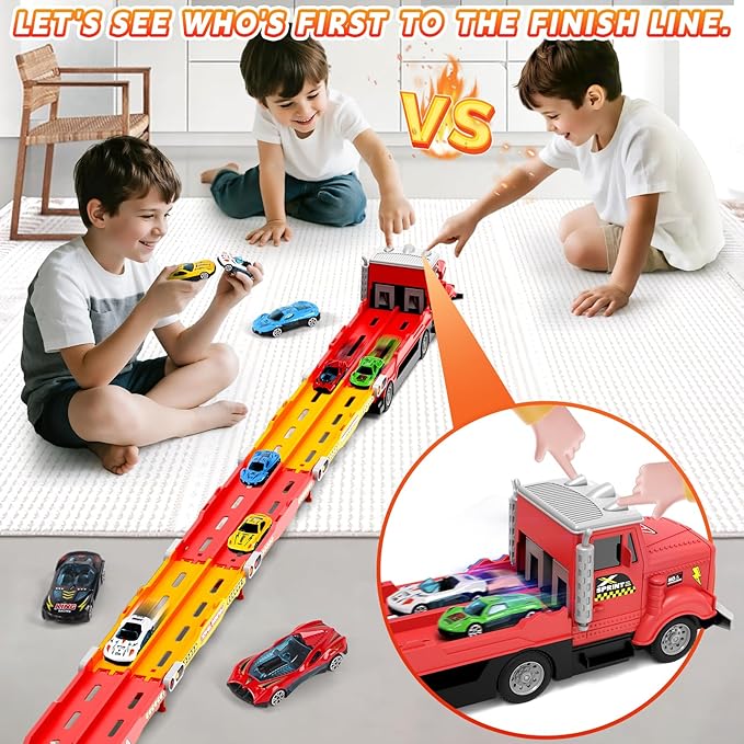 HONGTUO Toy Truck for Kids Truck Race Track with 6 Cars, 2-Player Racing Mode, Lights & Sounds, Ideal Christmas or Birthday Present for Toddlers Age 3 4 5 6+Years Old Boys Girls