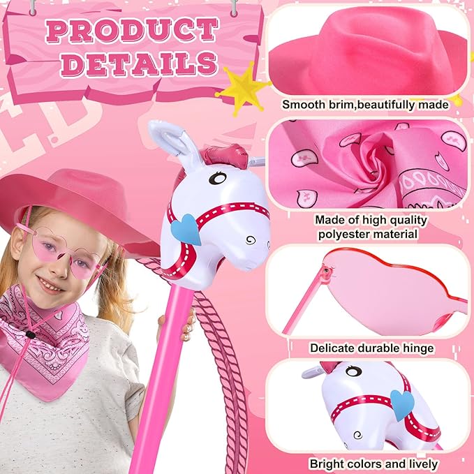 Xtinmee 48 Pcs Kids Cowboy Party Favor with Cowboy Hats Inflatable Stick Horses Bandanas Heart Glasses for Kid Costume(Pink)