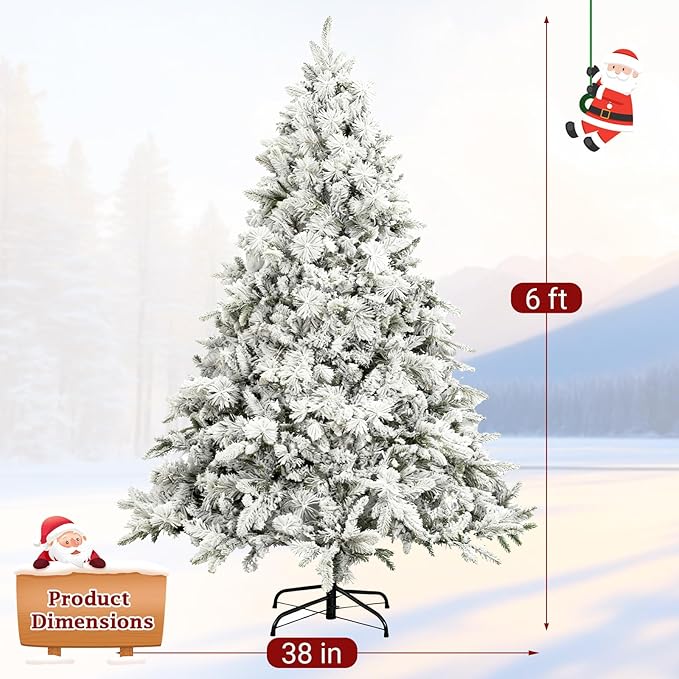 6ft Snow-Flocked Artificial Christmas Tree, LED pre-lit Holiday Xmas Tree for Home Office Party Decoration with 860 PE&PVC Hinged Branch Tips and 300 Warm White Lights, Foldable Stand