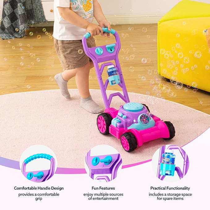 SLOOSH Bubble Lawn Mower Toddler Toys - Leak-Proof Bubble Machine Pretend and Play Gardening Toy for Indoor Outdoor Use, Push Toys Preschool Baby Boys Kids Birthday (Pink)