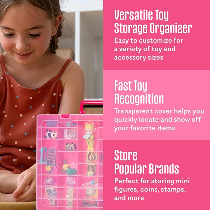 Plastic Toy-Storage Case for Mini Brands, Hot Wheels, Shopkins, L.O.L. Surprise! Dolls, and Small Plastic Toys, Collectibles Storage Organizer, Pink