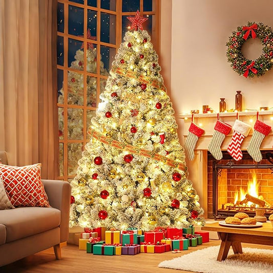 9FT Artificial Christmas Tree with Lights, Pre-Lit Tree, Built-in 900 Warm White LED Lights, Pure PVC Material, Indoor Holiday Home Decor