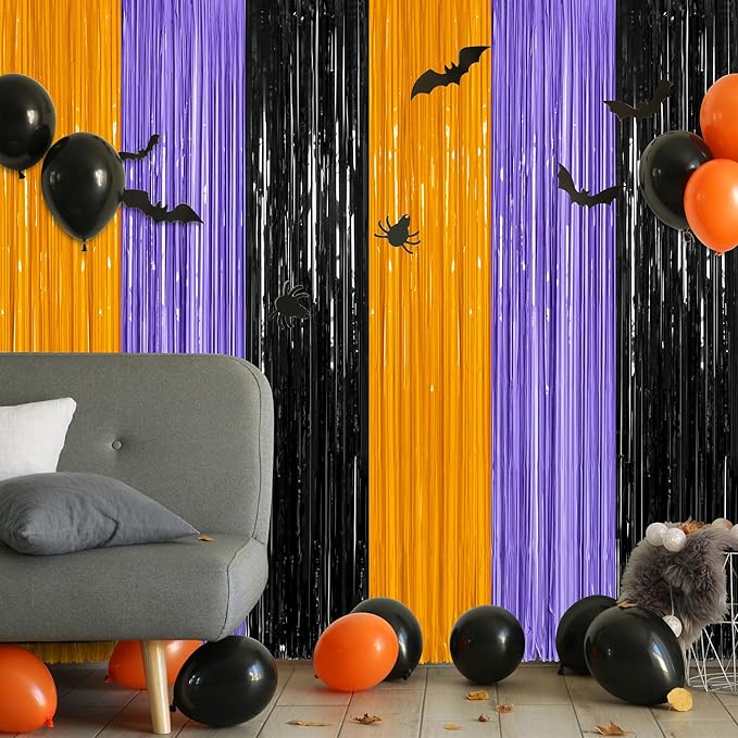 8 Pack Halloween Decorations Indoor, 3.28 FT x 7.05 FT Party Streamer, Orange Purple Black Streamer Backdrop Fringe Curtains Foil Tinsel, Halloween Party Supplies Hanging Halloween Decor