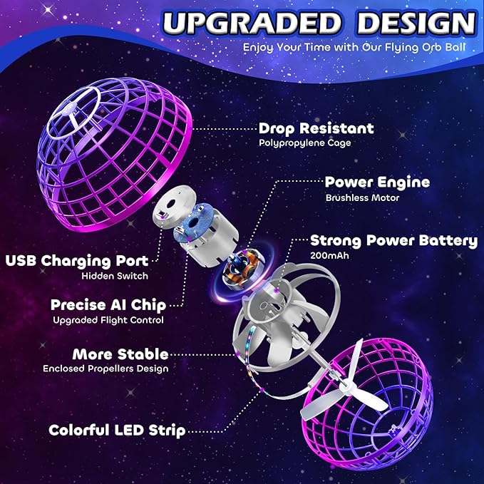 Tikduck Flying Orb Ball 2025 Toys Soaring Hover Boomerang Galactic Fidget Cool Magic Hand Controlled Mini Drone Cosmic Globe Spinner Safe for 6 7 8 9 10+ Year Old Kids Outdoor Toys (Illusory Purple)