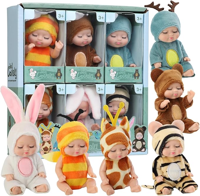 4 Inch Mini Baby Dolls 6pcs Set Realistic Reborn Baby Dolls Cute Small Baby Doll with Animal Clothes Suitable for Baby Gifts for Boys and Girls Over 3 Years Old Birthday Gift