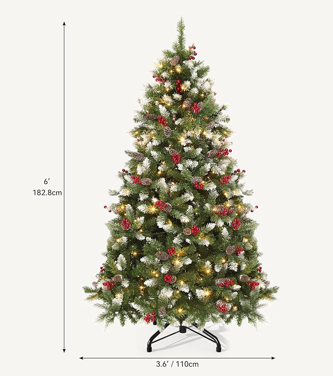 DWVO 6ft Pre-lit Christmas Tree, Pre-Decorated Artificial Christmas Trees for Home, Office, Party with with 818 Flocked Frosted Tips & 250 UL Listed Lights, Pine Cones, Berries