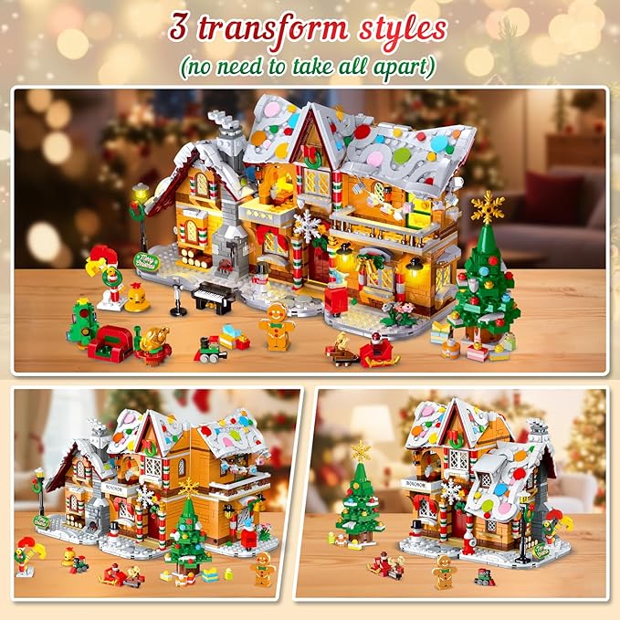 2025 Christmas 3 Style Gingerbread House Building Set with Light - 1477PCS Christmas Village Castle Building Block Toy with Santa Claus Xmas Tree Train for Adult Kids Girl Boy 6+