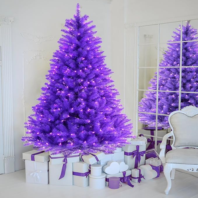 YULETIME 6.5 Feet Pre-Lit Purple Christmas Tree, Artificial Holiday Decorative Tree with UL Listed 300 Purple LED Christmas Lights with Matching Color Wire
