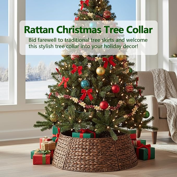 Christmas Tree Collar 27'' D Handmade Hyacinth Tree Collar Basket Rattan Wicker Christmas Woven Tree Ring Stand Base Cover for Christmas Holiday Decoration-Brown Washed