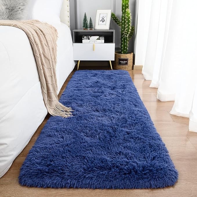 Ompaa Fluffy Runner Rugs, 2x6 Feet Navy Blue, Super Soft Shaggy Carpet Fuzzy Long Fur Rug for Bedroom Living Room Dorm, Plush Kids Playroom Baby Girls Nursery Decor Mats