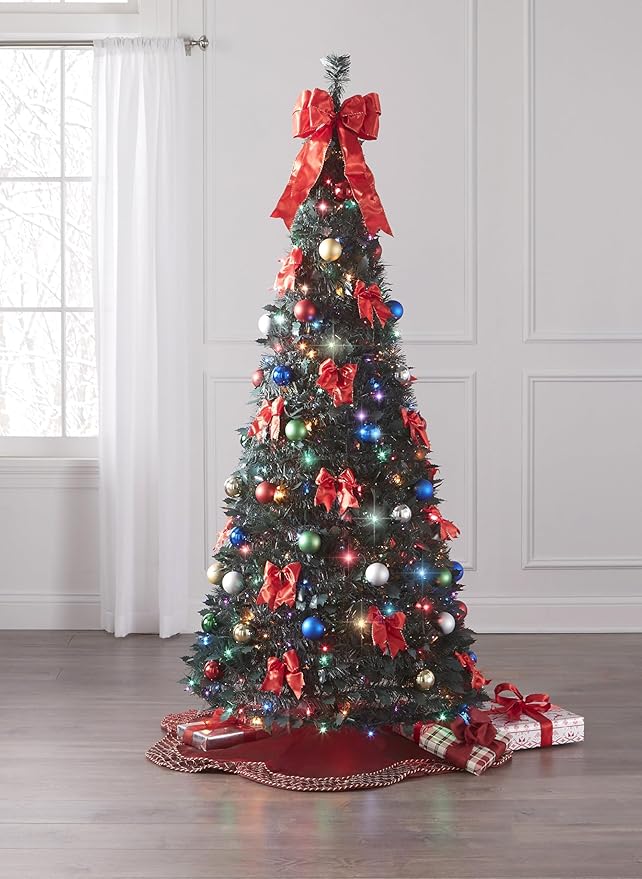 BrylaneHome 6 Ft Fully Decorated Pre-Lit Pop-Up Christmas Tree with 350 Warm Lights & Included Stand, Collapsible, Easy Assembly - Multi Color Lights