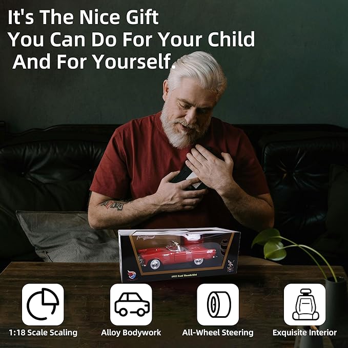 1955 Ford Thunderbird 1/18 Scale Die-Cast Metal Model Premium Classic Vintage Alloy Cars with Display Case, with Opening Doors, Best Gift for Men, Dad & Kids 14+ Years (Red)