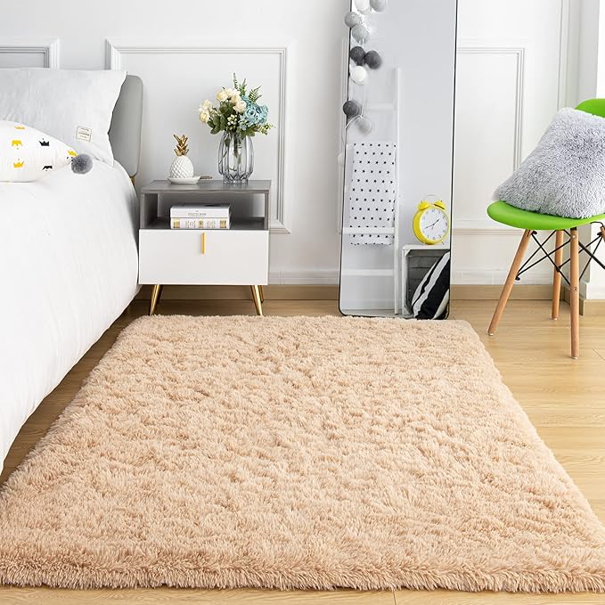 Ompaa Beige Area Rug 9x12 Rugs Large Living Room Fluffy Carpet for Bedroom Dorm, Non-Slip High Pile, Light Tan Modern Big Shag Rug for Classroom Kids Playroom Nursery Home Office Decor