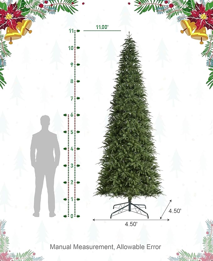 Glitzhome 11ft Prelit Artificial Christmas Tree,Radiant Evergreen Fir with 850 Warm White/Multi-color LED Lights,9 Function,w/Remote Control,Holiday Décor w/Easy Assembly,Metal Hinges & Foldable Base