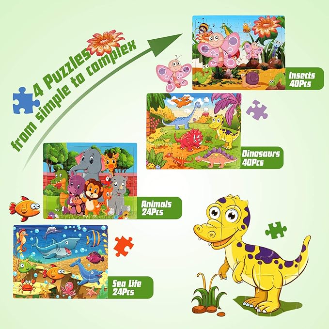 SYNARRY Wooden Jigsaw Puzzles for Kids Age 3-5 Year Old, 4 Pack 24-40 Pieces Preschool Educational Learning Toys Gift Set for Children Boys and Girls, Sea Life, Insects, Animals, Dinosaurs Themes