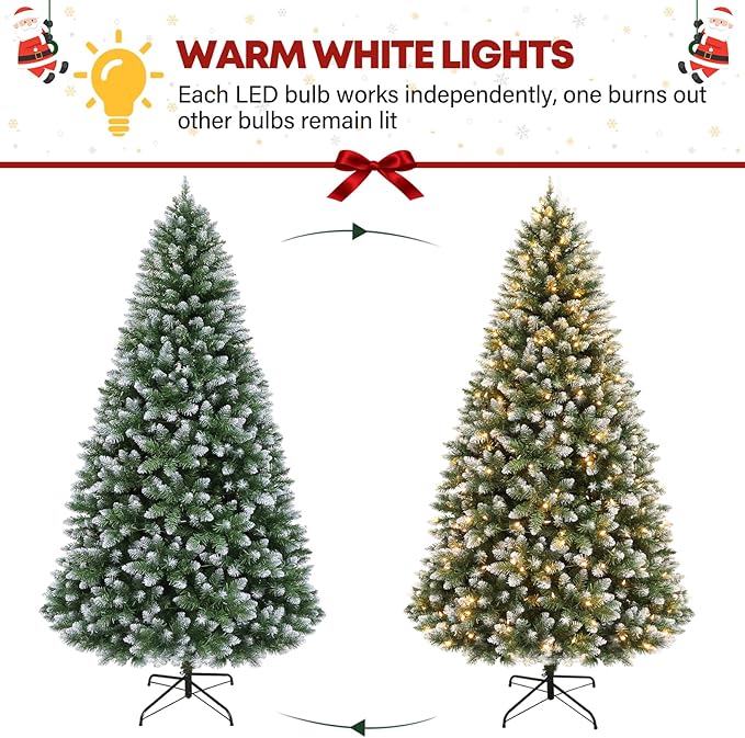6 ft Lighted Artificial Snow Flocked Christmas Tree, 250 LED Warm White Lights, 1032 PVC Branch Tips, Easy Assembly for Indoor Holiday Decorating