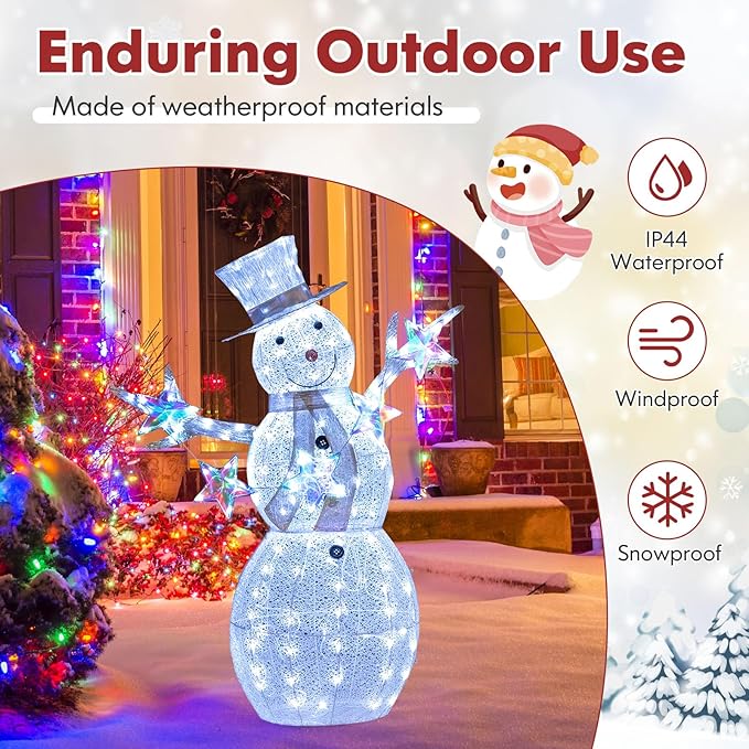 Tangkula 5 FT Christmas Lighted Snowman with Stars, Lighted Christmas Decoration with 140 Cold White LED Bulbs, Ground Stakes & Zip Ties Included, Xmas Festive Decoration for Indoor & Outdoor