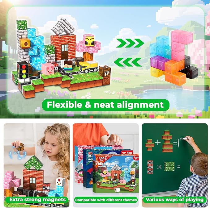 100 PCS 0.8in Magnetic Blocks - Magnet Toys & Magnetic Building Blocks Cubes, Stacking Magnets, STEM Toys for School Acitivities, Birthday Gifts for Boys Age 3+ Years Old (Theme: Forests)