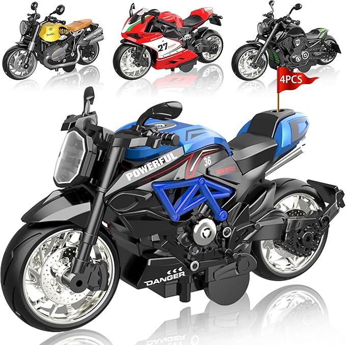 4-Pack Pull-Back Motorcycle Toys - Friction Powered Kids Toy Cars with Lights, Sounds & Automatic Drive for Boys & Girls Aged 3-12
