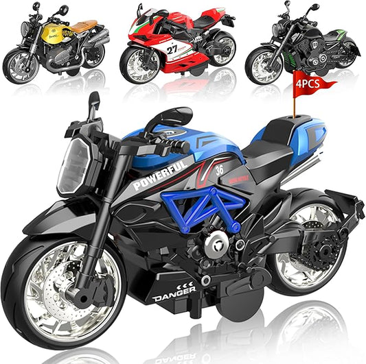 4-Pack Pull-Back Motorcycle Toys - Friction Powered Kids Toy Cars with Lights, Sounds & Automatic Drive for Boys & Girls Aged 3-12