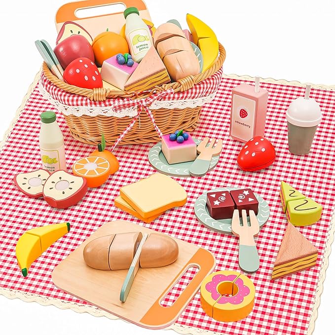 Wooden Picnic Basket Toy Set with Realistic Play Food - Kids Pretend Play Kitchen Accessories for Toddlers 3-8, Wood Play Food for Imaginative Tea Party & Outdoor Fun