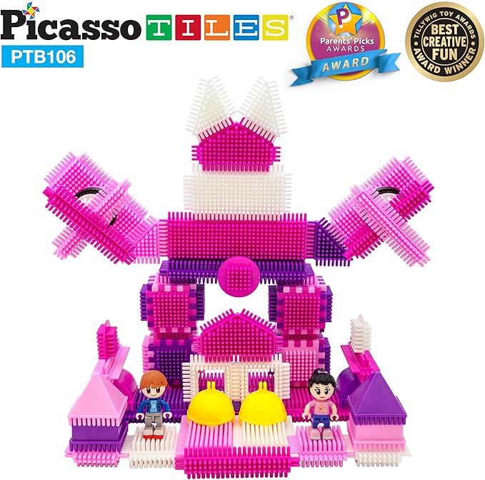 PicassoTiles PTB106 106pcs Hedgehog Lock Building Blocks Tiles Pink Castle Theme Set w/Human Figures Learning Playset STEM Toy Set Educational Kit Child Brain Development Preschool Kindergarten Toy