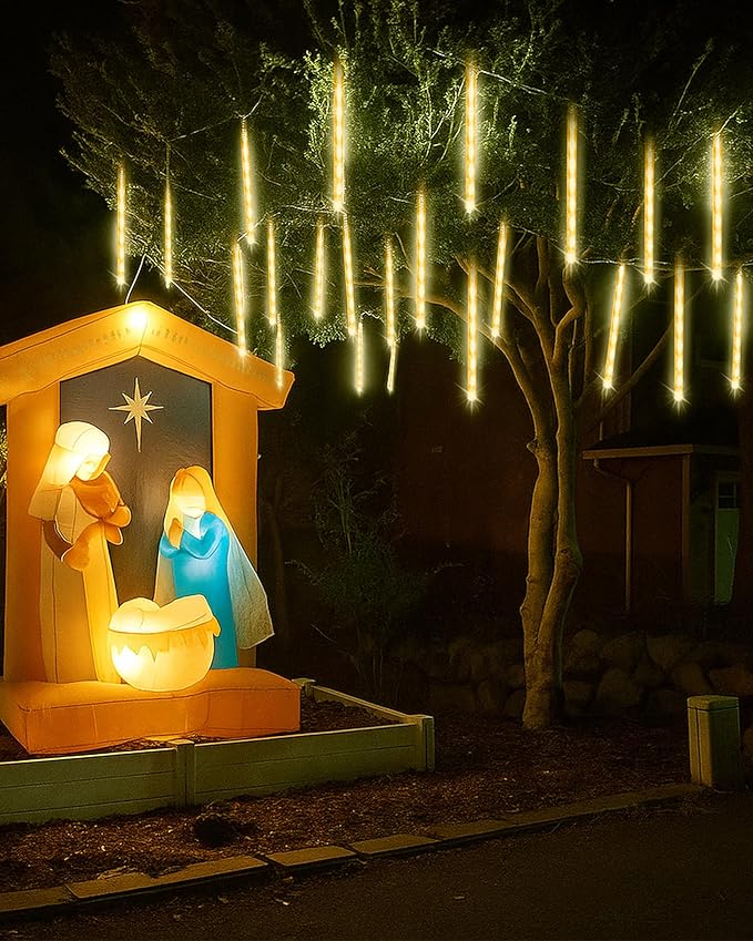 Aokudoni Warm White Christmas Lights Meteor Shower Lights Outdoor 24-Tube 576 LED Snowfall Icicle Cascading Rain Light Christmas Decorations for House Tree Yard Roof Patio Porch Stair, UL Plug