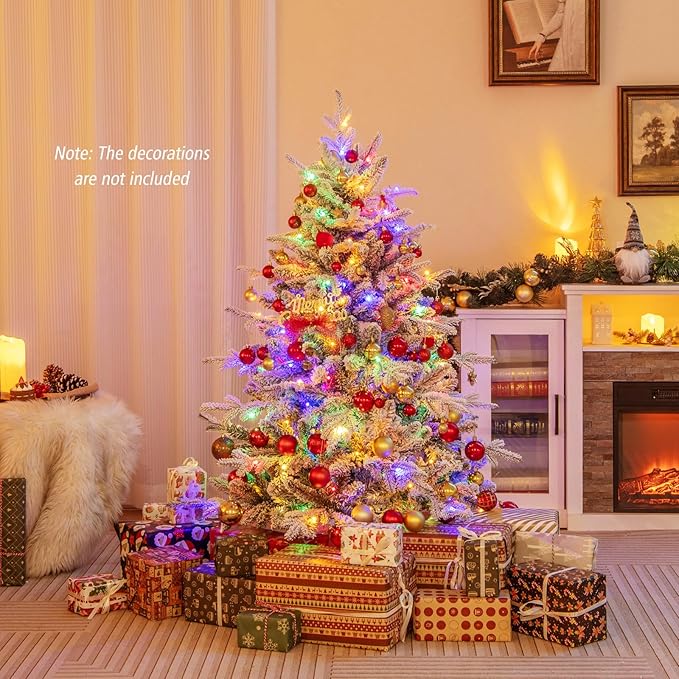 GOFLAME 4.5ft Pre-Lit Christmas Tree Snow Flocked, Hinged Artificial Xmas Tree with 436 Branch Tips, 160 Multi-Color LED Lights, 8 Lighting Modes, Holiday Decoration Tree for Home Office Party