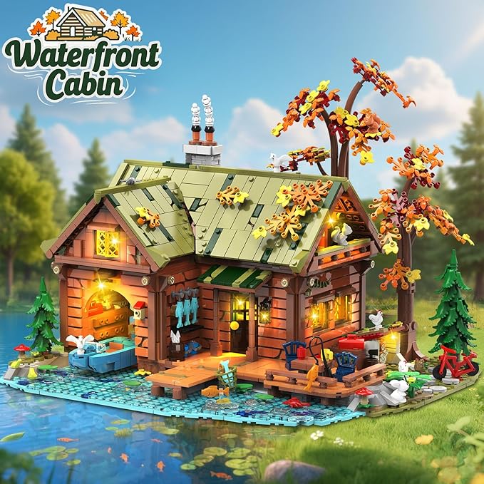 Overwater Cabin Mini Building Set with Light, 2423 PCS Wooden Forest House Building Block Toy with Boat Bike Animals, Home Decor Treehouse Construction Model Kit for Adults Teens Boys Girls 12+