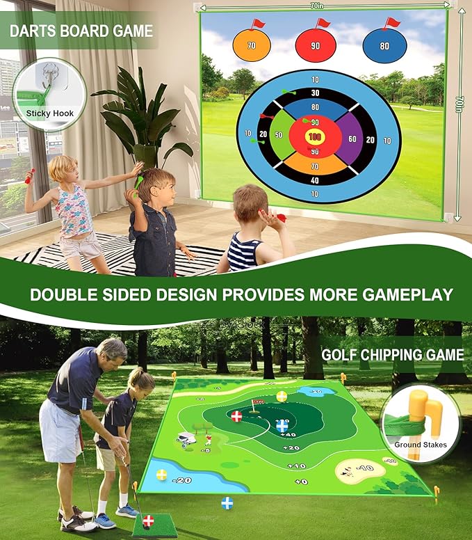 Golf Game: 70"x 70" Plus Size Double Sided Hitting Mat, Ideal Gifts for Kids Adults, 20 Sticky Balls & 10 Darts for Indoor or Backyard Battle Chipping