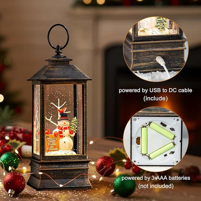 Christmas Snow Globe Lantern Water Glittering Snowman Christmas Tree Crown with Music, USB Lined Operated Lighted Lantern for Christmas Festival Decoration Gifts