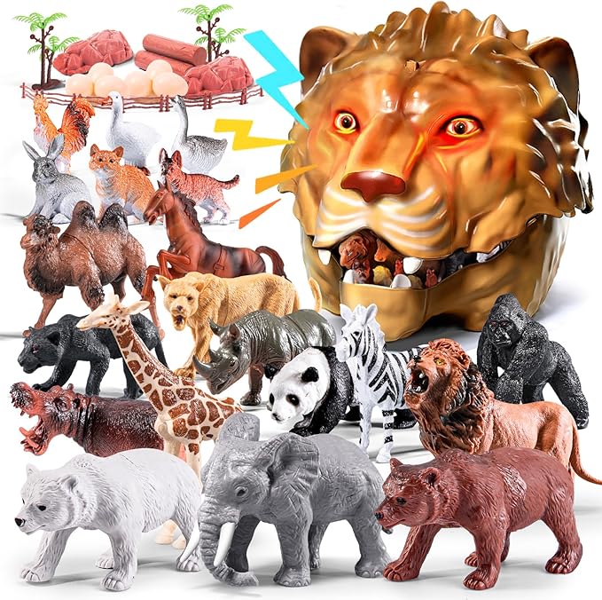 41Pcs Safari Animals Figures Toys–Realistic Jumbo Wild Animals Figurines Plastic African Jungle Animals Playset–Lion,Tiger,Eggs,Trees & Fences–Educational Toys for Kids and Toddlers 3+