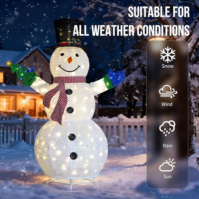 Snowman Outdoor Christmas Decorations with 120 LED Lights, 4ft Lighted Snowman with Metal Stand, Holiday Ornaments Xmas Decor for Home Porch Patio Yard Party (White with Small Tree, 5.7 FT)