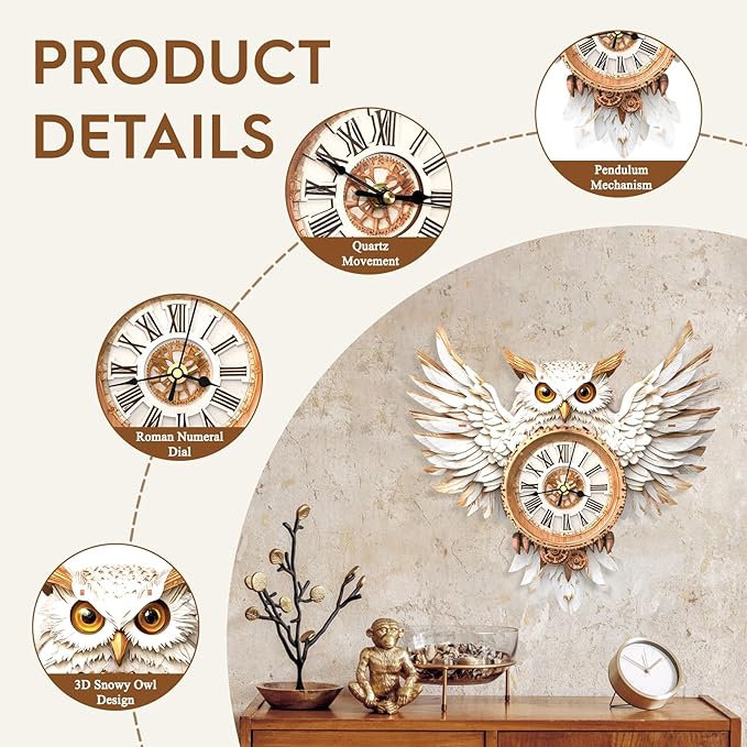 3D Puzzles for Adults Clock-Snowy Owl Design Model Kit-Mechanical DIY Pendulum Clock with Roman Numerals-Desk Home Office Decor Personalized Gift for DIY Lovers