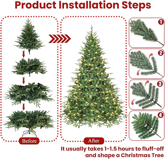 9ft Prelit Artificial Christmas Tree with 5422 PE PVC Tips, Premium Pre-Lit Holiday Xmas Tree with 700 UL Incandescent Lights, Metal Hinges & Foldable Base for Home Office Party, Green