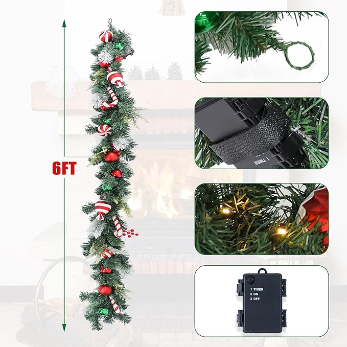 Christmas Garland Lighted Indoor Outdoor Decorations Artificial Christmas Garlands with Light Mantel Candy Cane for Door Porch Holiday Party Outdoor Indoor Xmas Decor 6FT